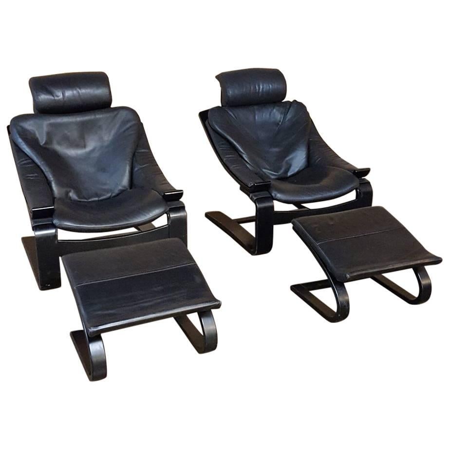 Pair of Nelo Swiss Leather Lounging Chairs with Ottomans