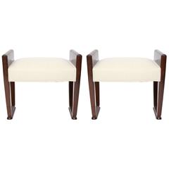 Pair of Italian Art Deco Oak Benches with Raised Sides and Upholstered Seats Pair of Italian Art Deco Oak Benches with Raised Sides and Upholstered Seats