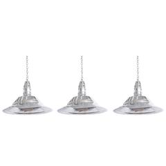 Antique Set of Three Wide Rim Aluminum Pendant Light Fixtures, France, circa 1920-1930