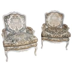 Pair of Antique French Painted Louis XV Armchairs Bergeres