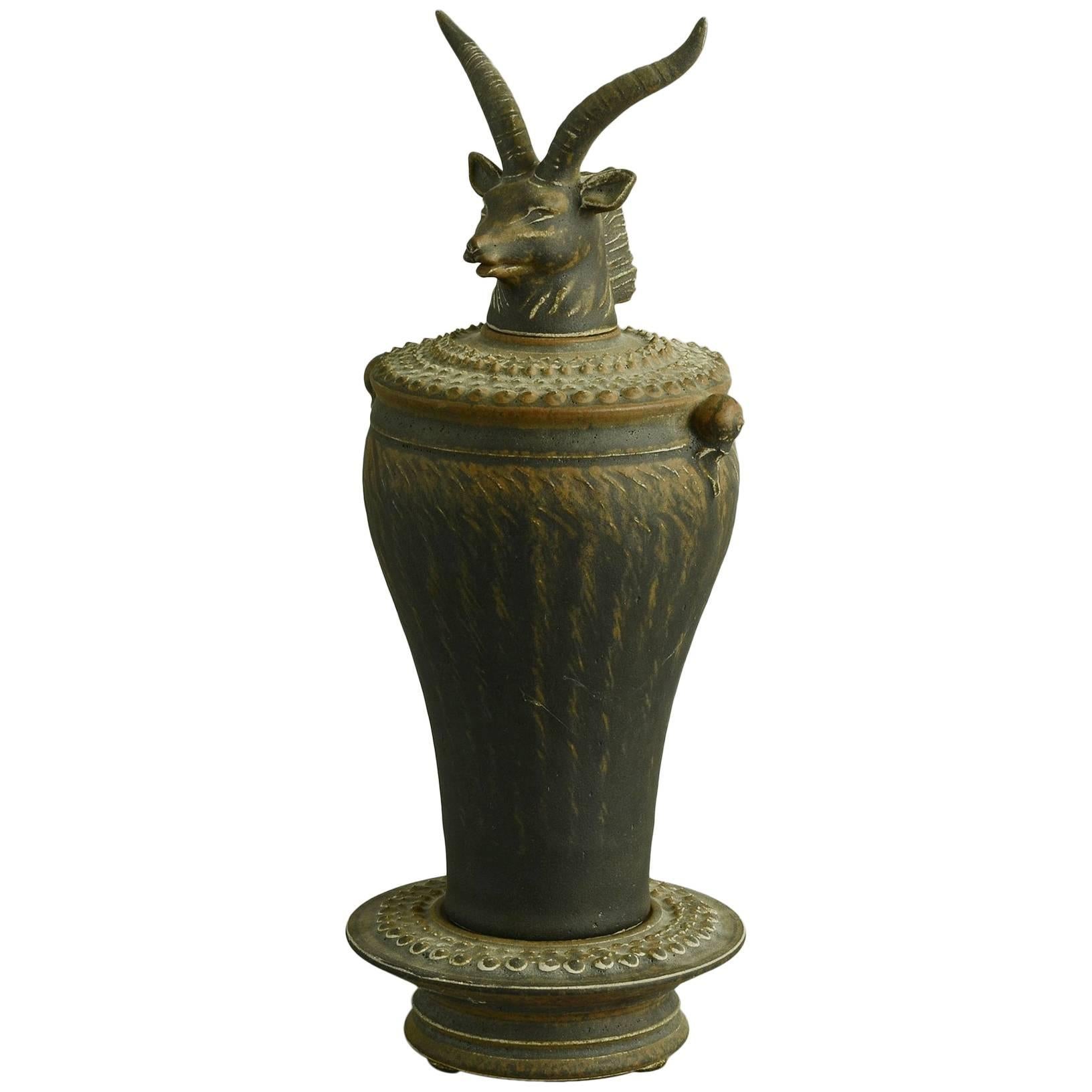 Stoneware Jar in Three Sections with Antelope Head Stopper by Tim Mather For Sale