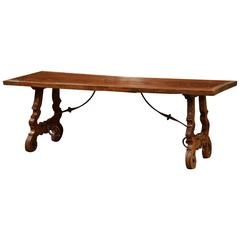 Antique Early 19th Century Spanish Carved Walnut Coffee Table with Iron Stretcher