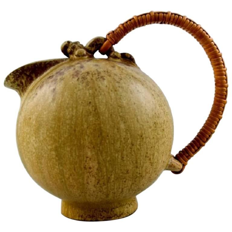 Arne Bang Art Pottery Pitcher with Wicker Handle, Denmark, 1940s