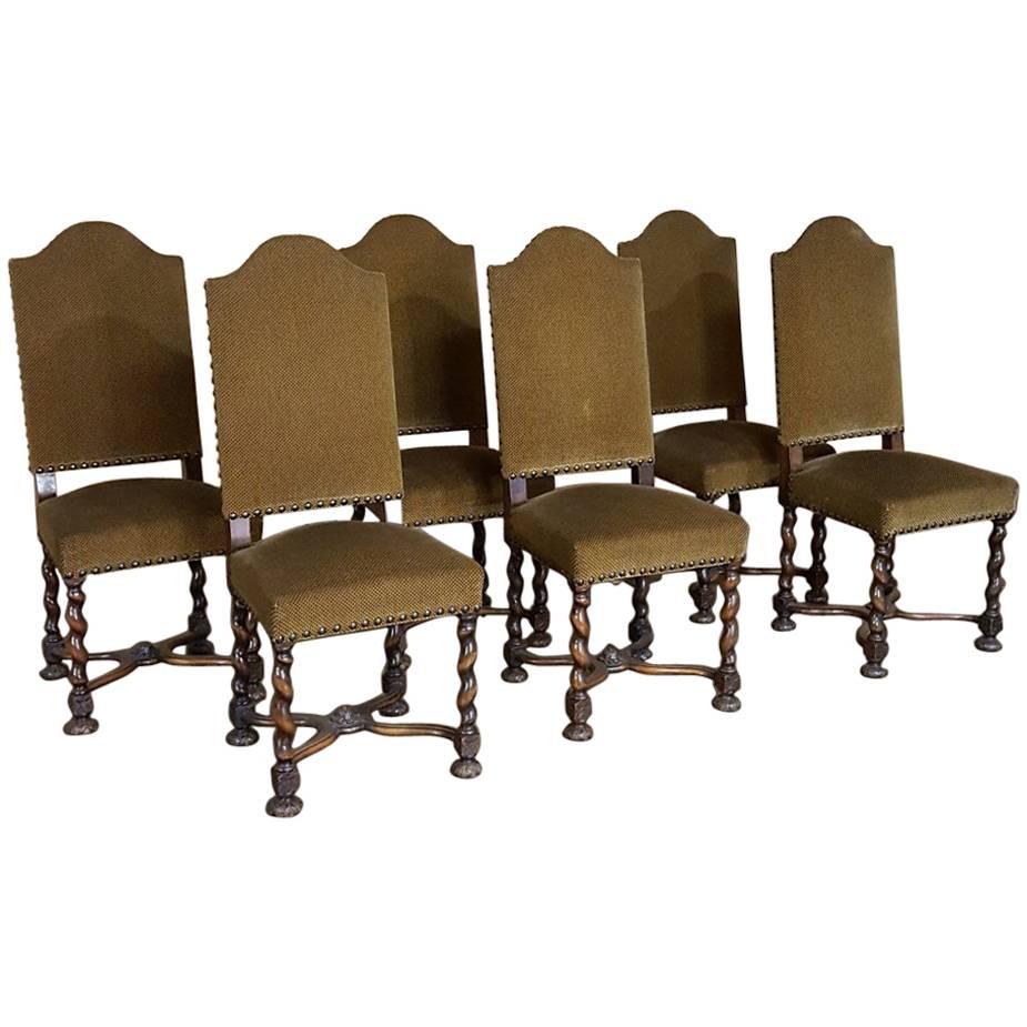 Set of Six Louis XIII Barley Twist Walnut Chairs