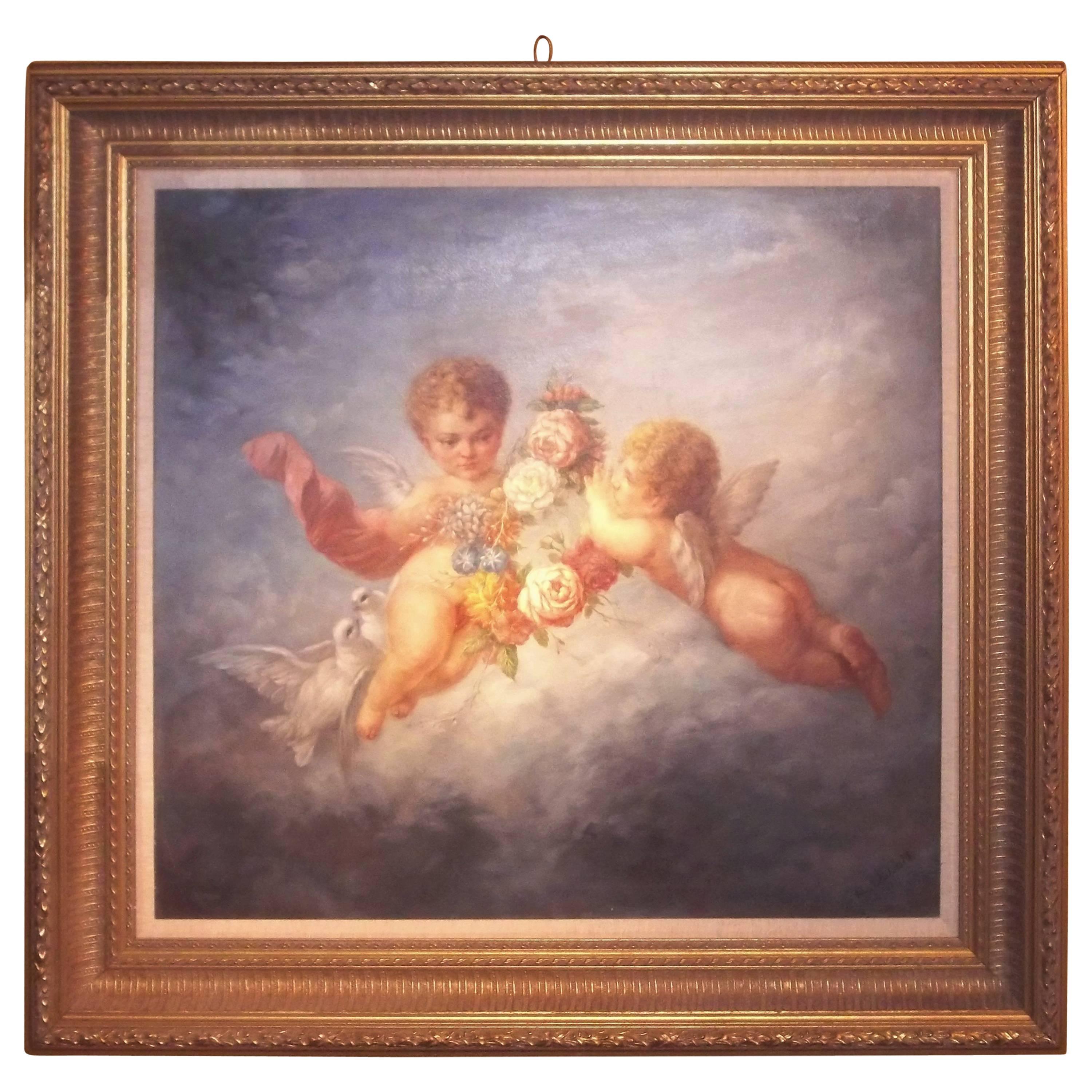 Boucher Styled Cherubs or Putti Frolicking Oil on Canvas