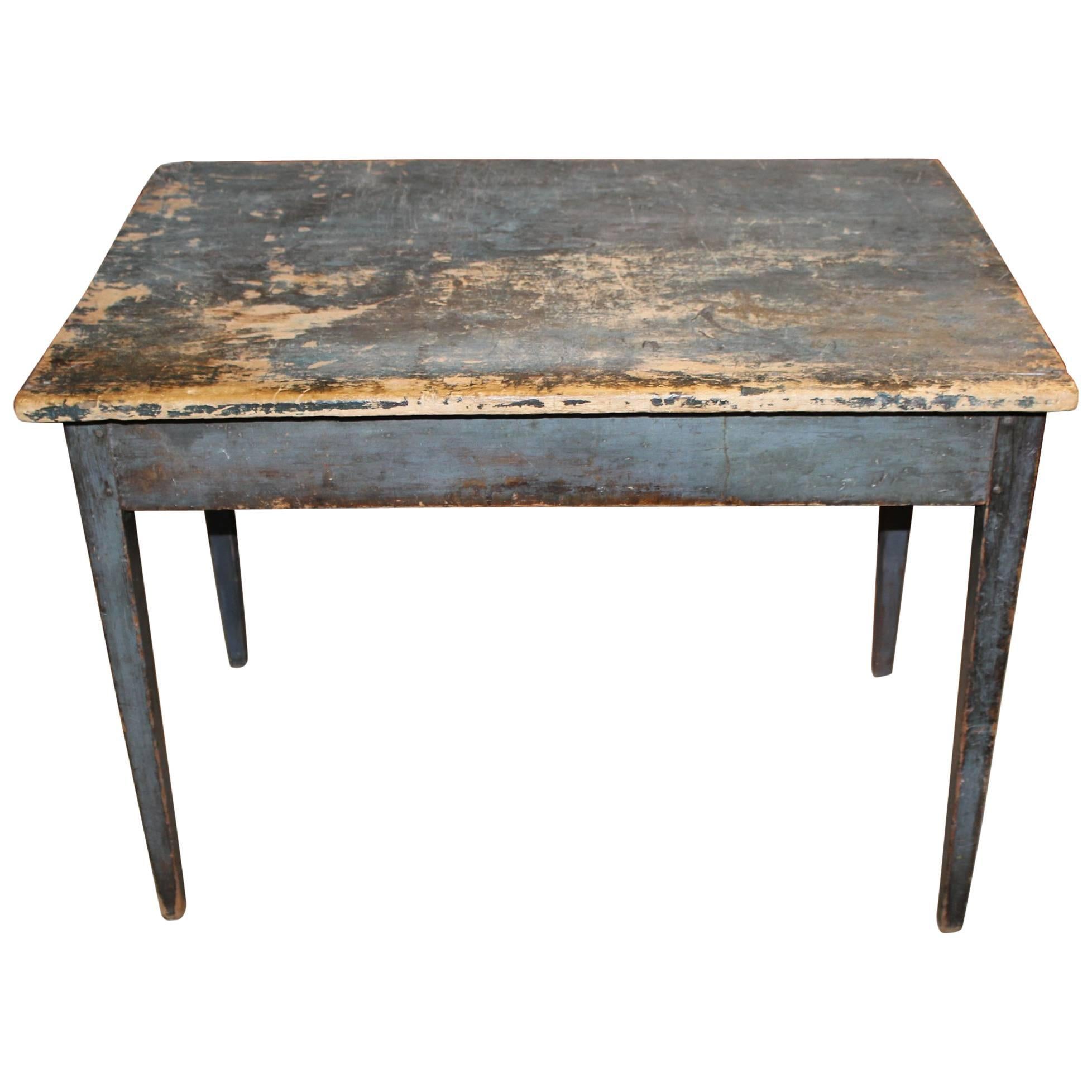 Early 19th Century American Pine Work Table in Old Blue Paint