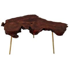 Freeform Wood Slab Coffee Table in Redwood and Solid Polished Brass Legs