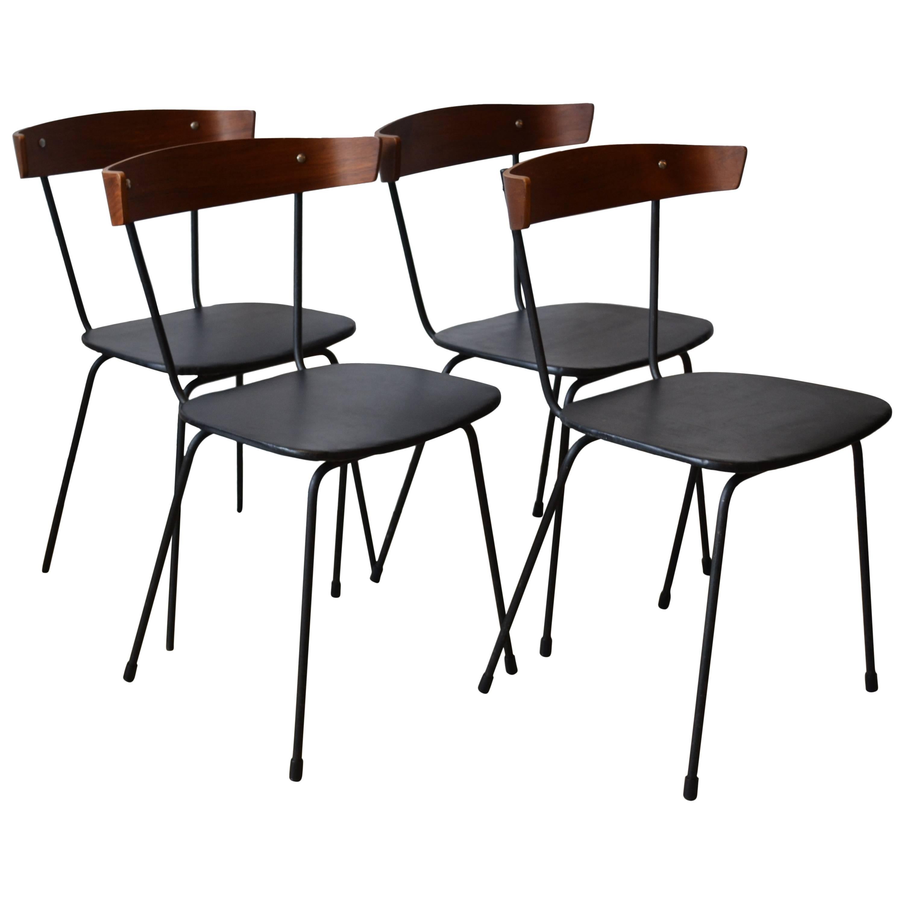 Set Of Four Iron And Bent Wood Back Dining Chairs, Style Of Paul McCobb