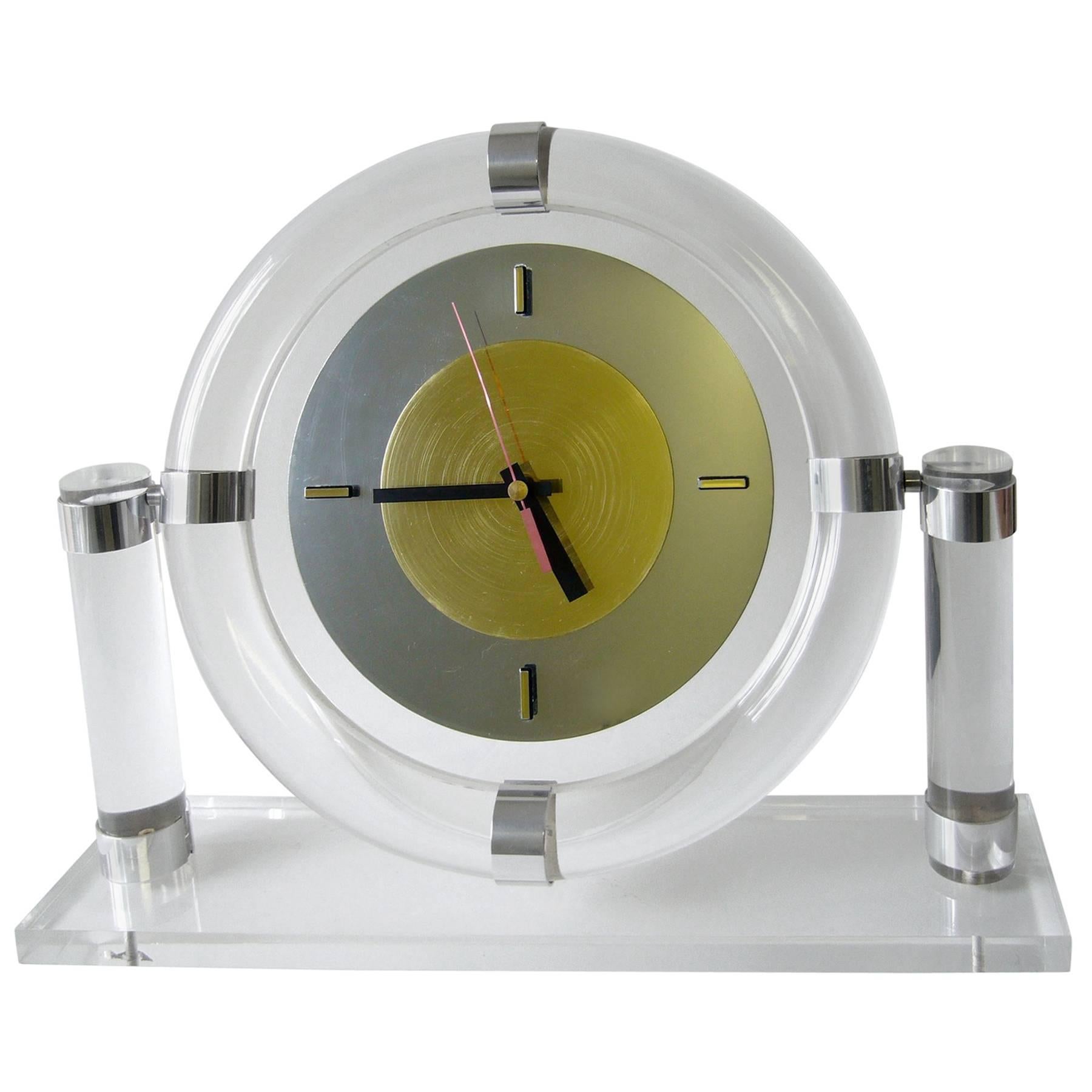 Lucite Stainless Steel Postmodern Mantle Clock
