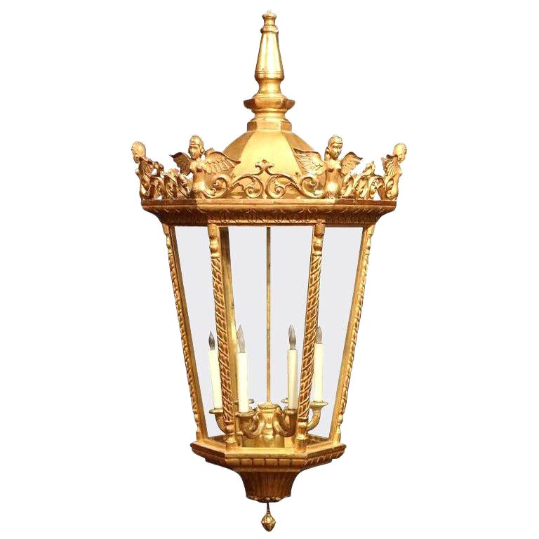 Mid-Century French Louis XVI Carved Giltwood Six-Light Celling Lantern For Sale