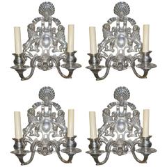 Set of Four Silver Plated Sconces with Double Lights 7