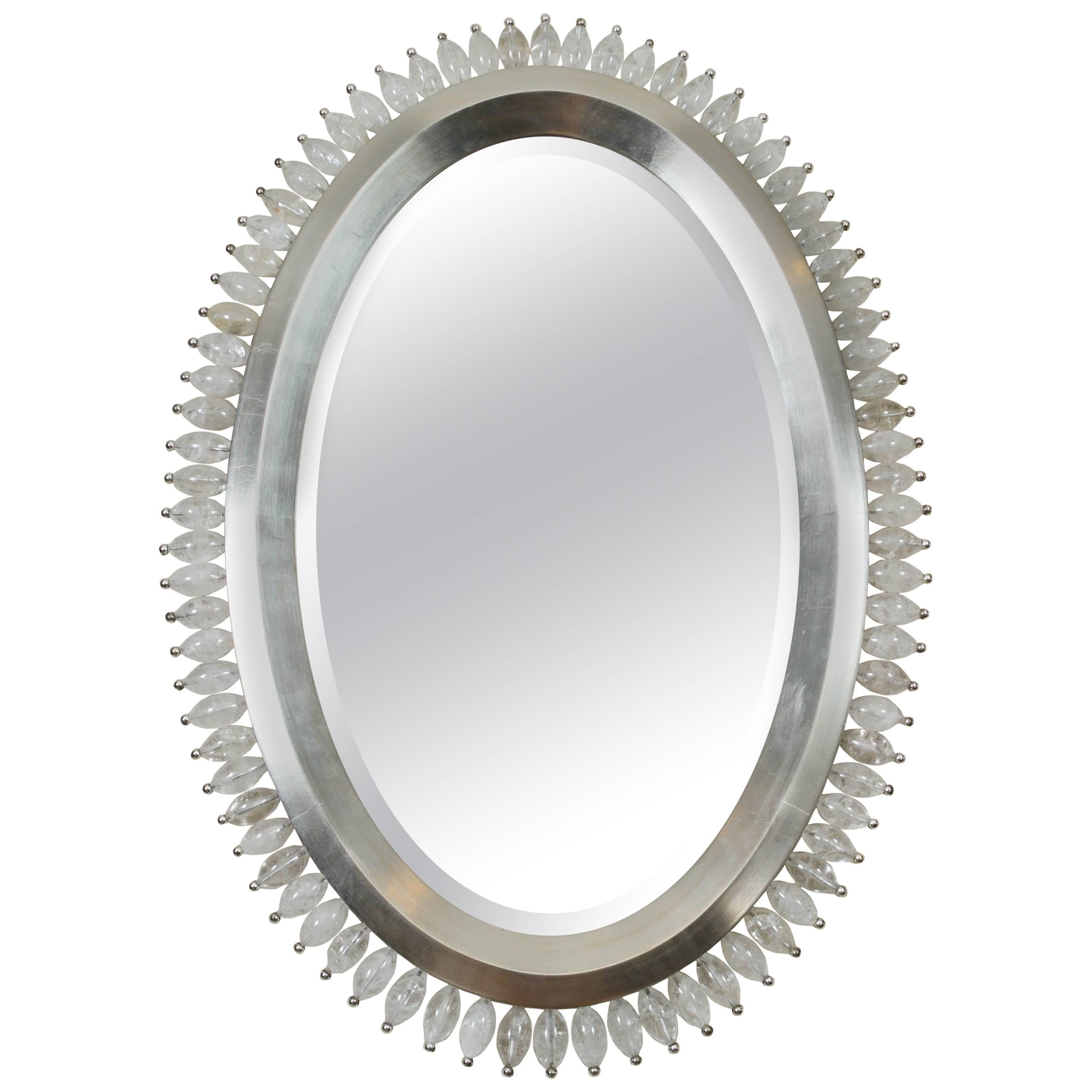 White Gold and Rock Crystal Oval Mirror 