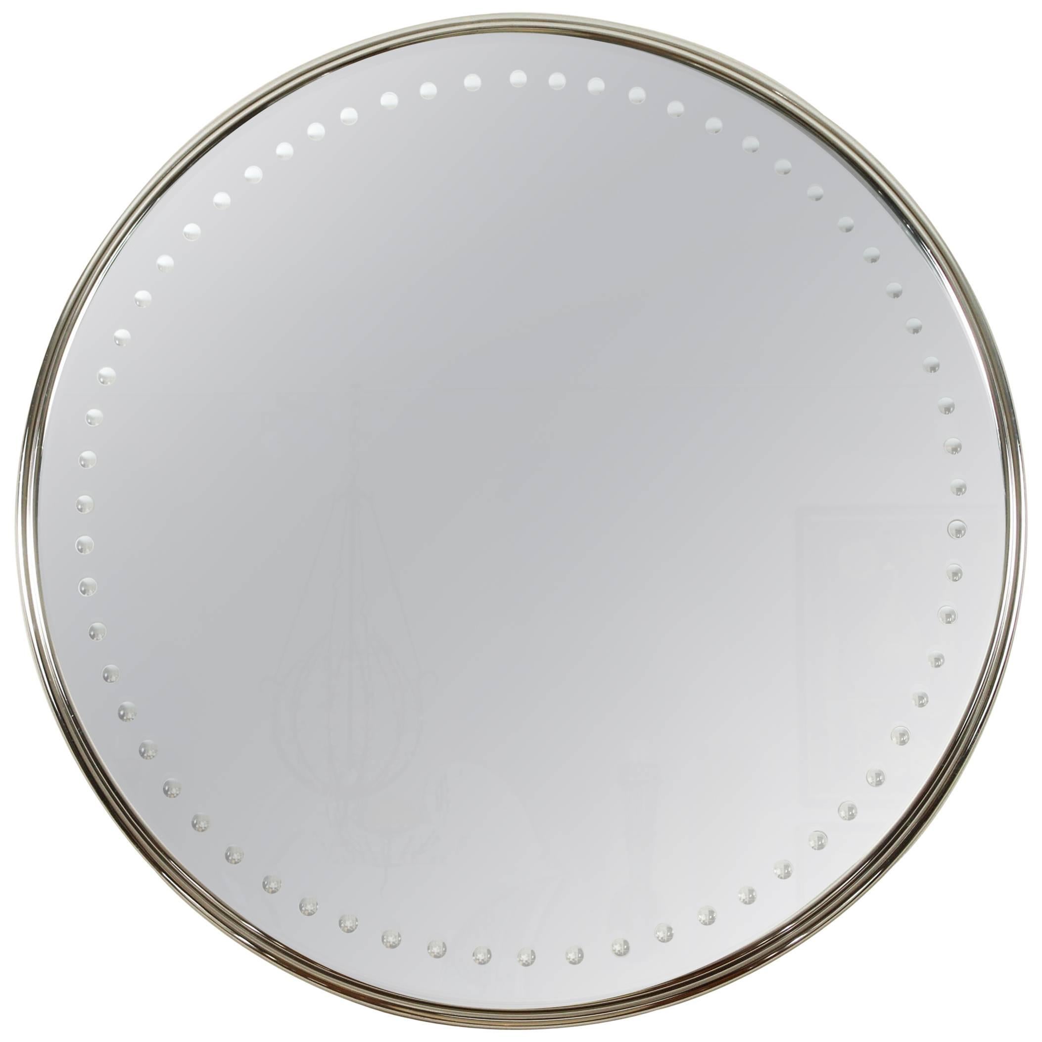 Impressively Scaled Round Mirror with Antique Silver Finish Deco /Modern 