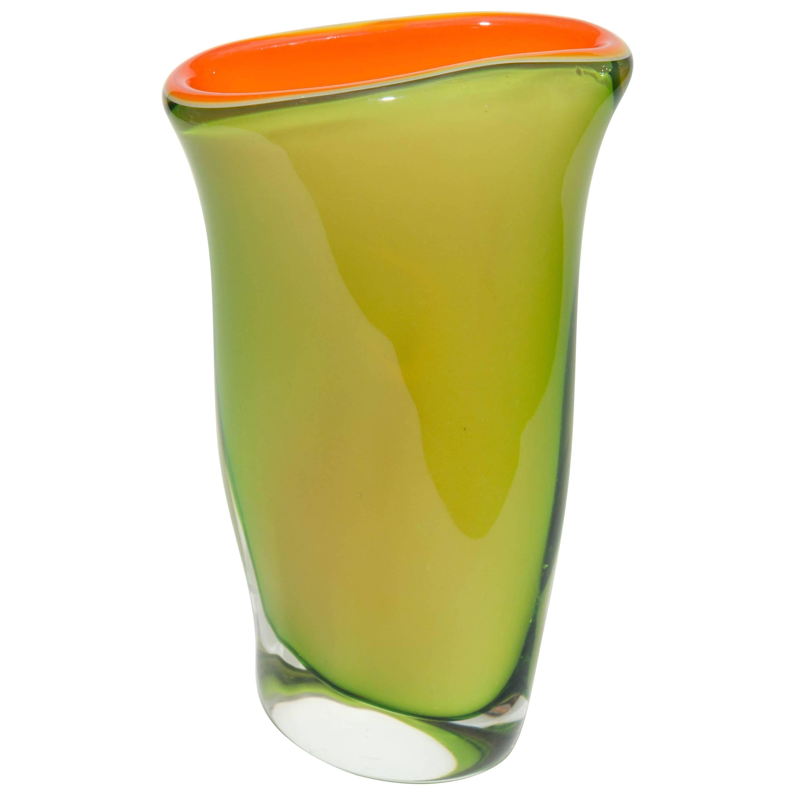 Green and Orange Asymmetrical Murano Glass Vase