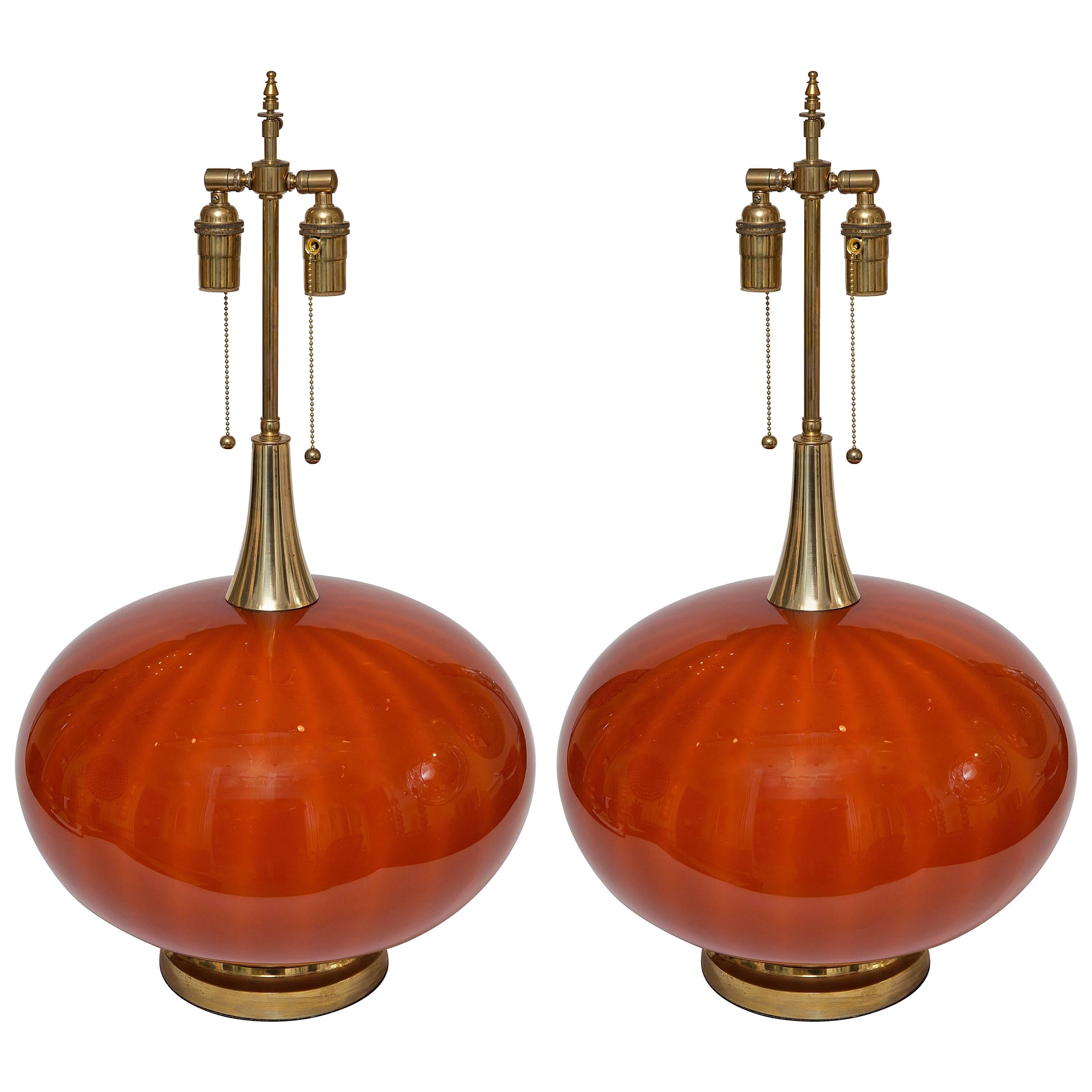 Pair of Orange Murano Glass Orb Shaped Lamps with Brass Detail