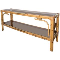 Bamboo Console Table with Two Tinted Glass Shelves and Brass Detail