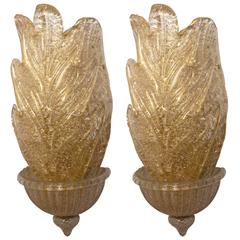 Pair of Clustered Gold Murano Glass Leaf Sconces 12