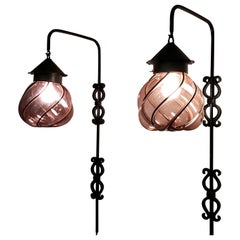 Antique Pair of Seguso Murano Caged Amethyst Glass and Wrought Iron Wall Sconces, Italy