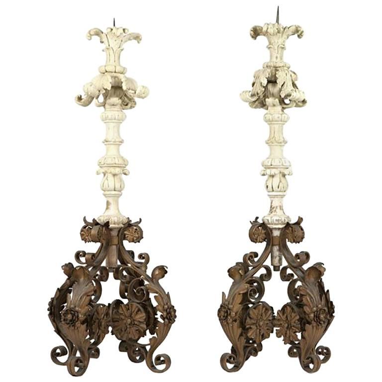 Pair of Italian Carved Wood and Wrought Iron Torchieres, 19th Century