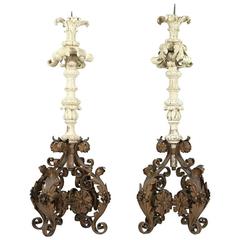 Pair of Italian Carved Wood and Wrought Iron Torchieres, 19th Century 12