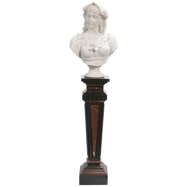 Italian Carved Marble Bust on Marble Pedestal For Sale at 1stdibs
