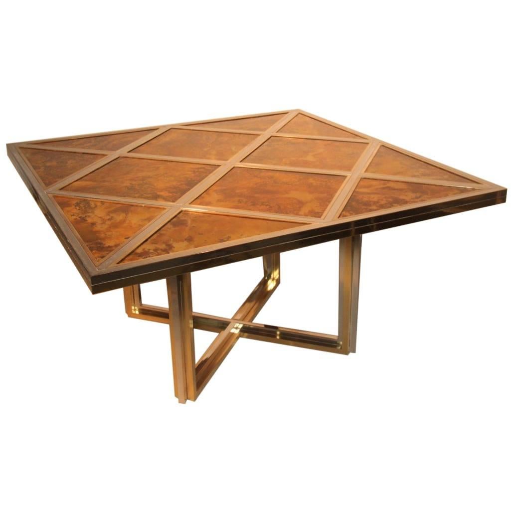 Table carrée Romeo Rega en laiton et acier signée, design italien minimaliste des années 1970