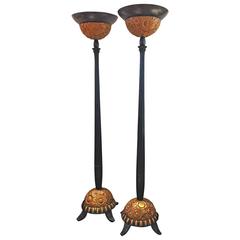 Pair of Black and Gold Art Deco Floor Lamps, Featuring Carved Decorative Bases