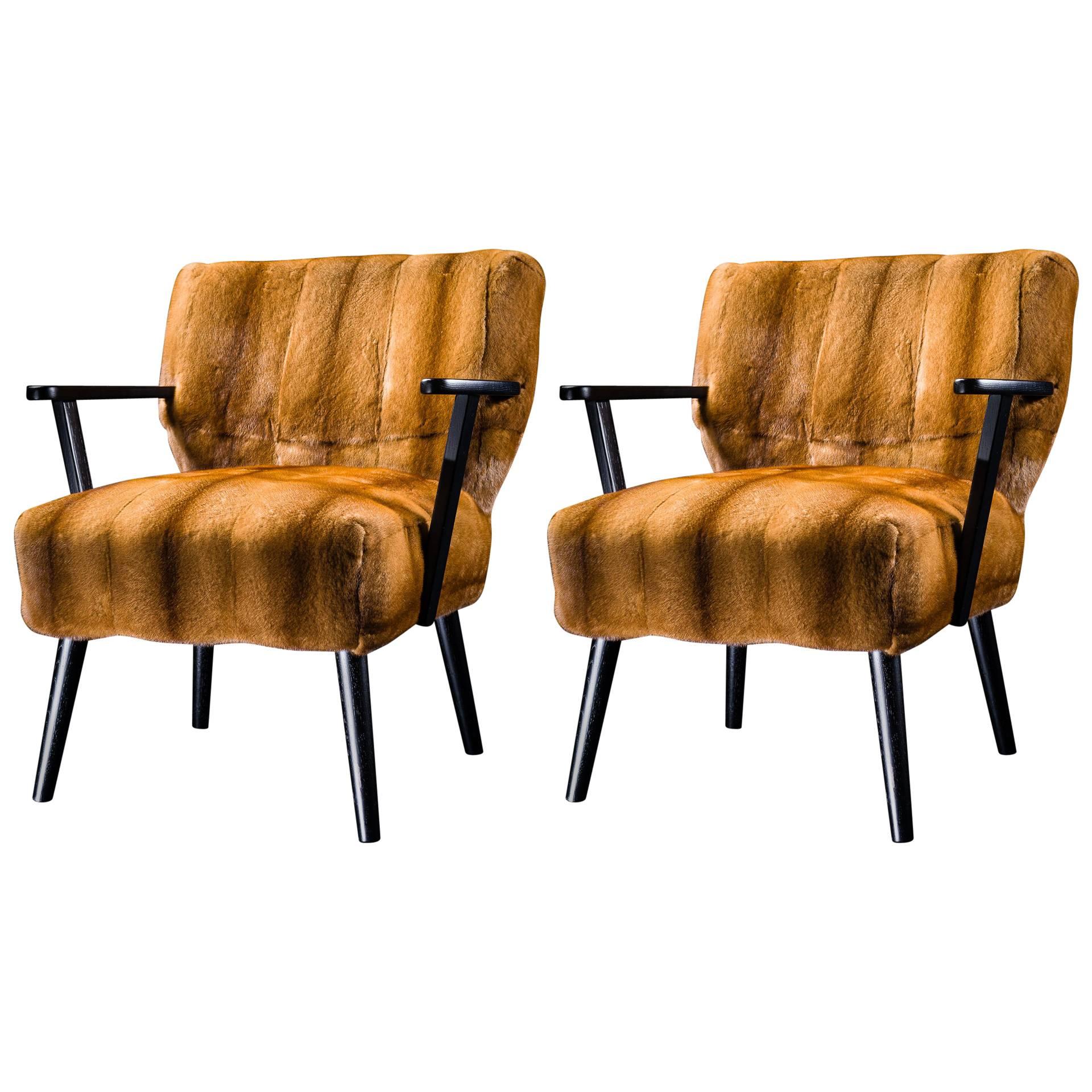 Pair of Armchairs "Alpina" Golden Mink Upholstery For Sale