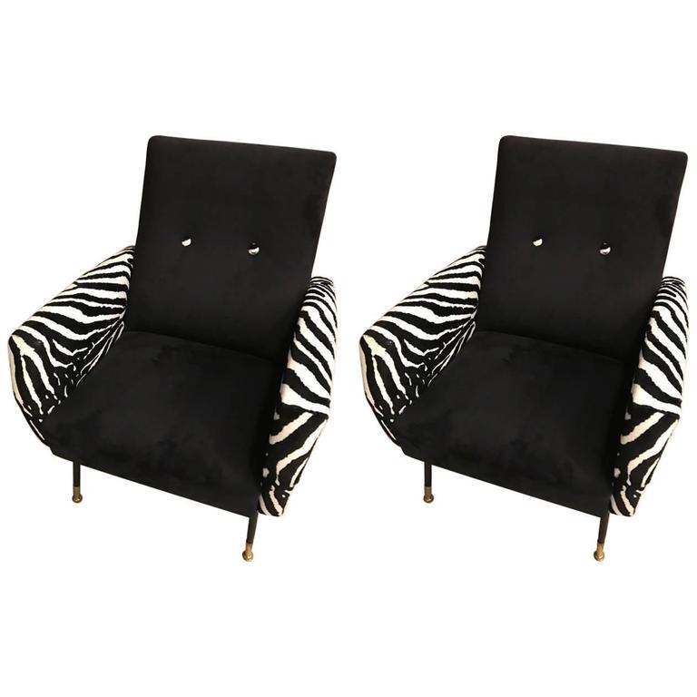 MidCentury Pair of Metal Club Chairs with Faux Zebra Print For Sale at