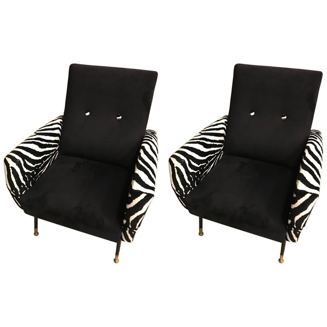 Mid-Century Pair of Metal Club Chairs with Faux Zebra Print For Sale