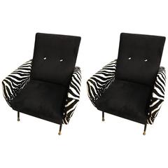 Vintage Mid-Century Pair of Metal Club Chairs with Faux Zebra Print