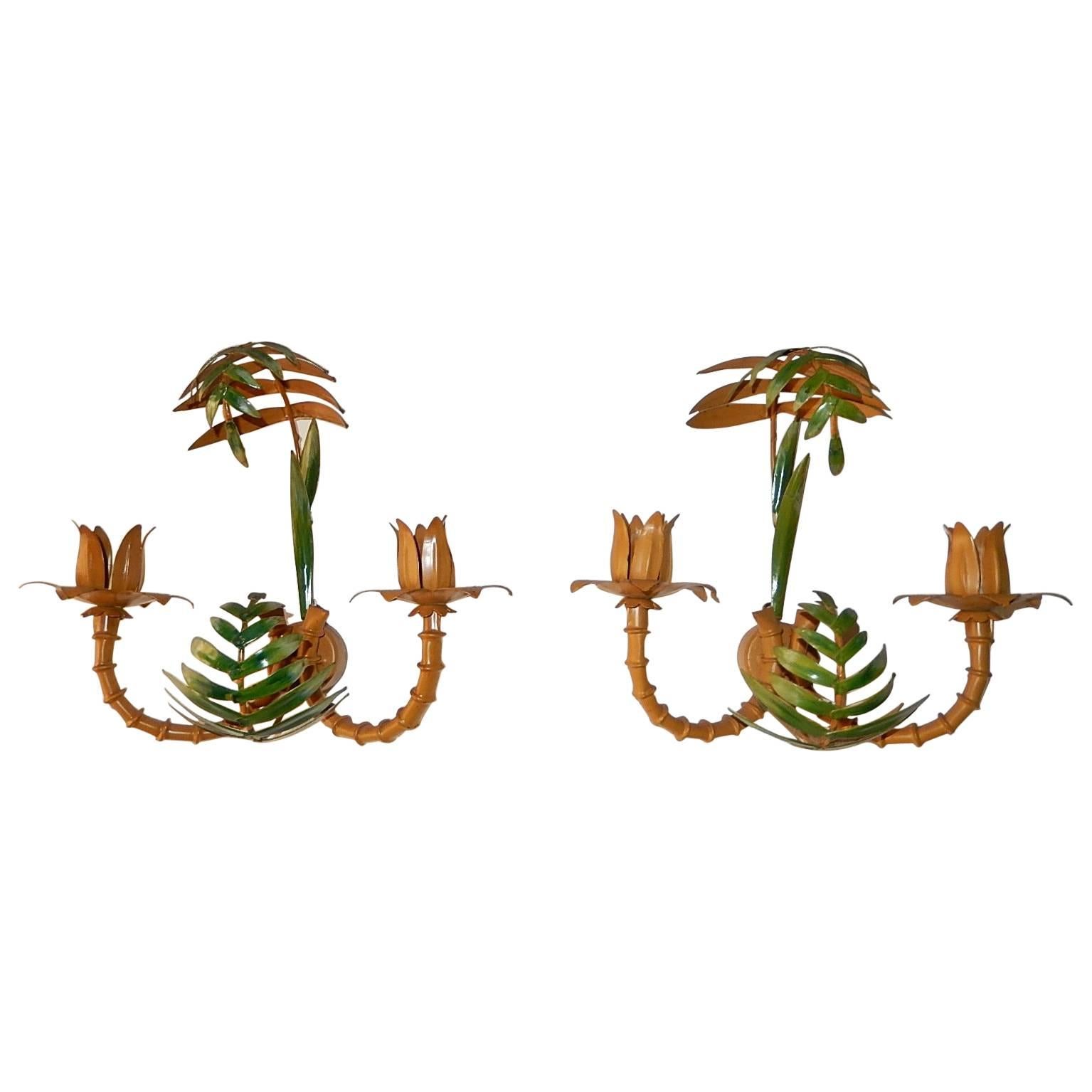 1950 French Faux Bamboo Palm Tole Sconces