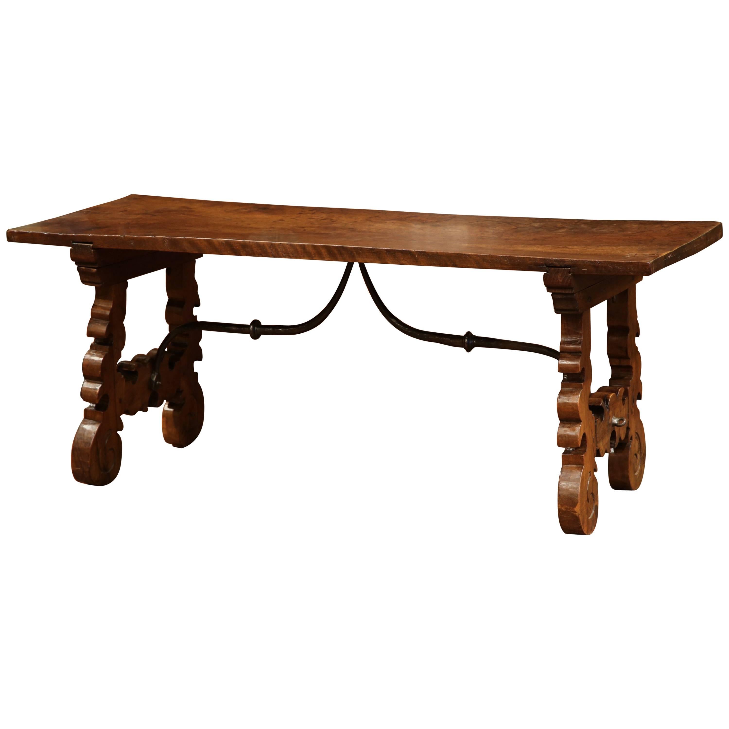 19th Century, Spanish Carved Walnut Coffee Table with Wrought Iron Stretcher
