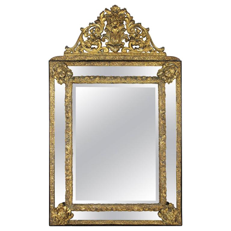 Large 19th Century French Napoleon Iii Brass Repousse Glass Mirror Napoleon Iii Brass Repousse Glass