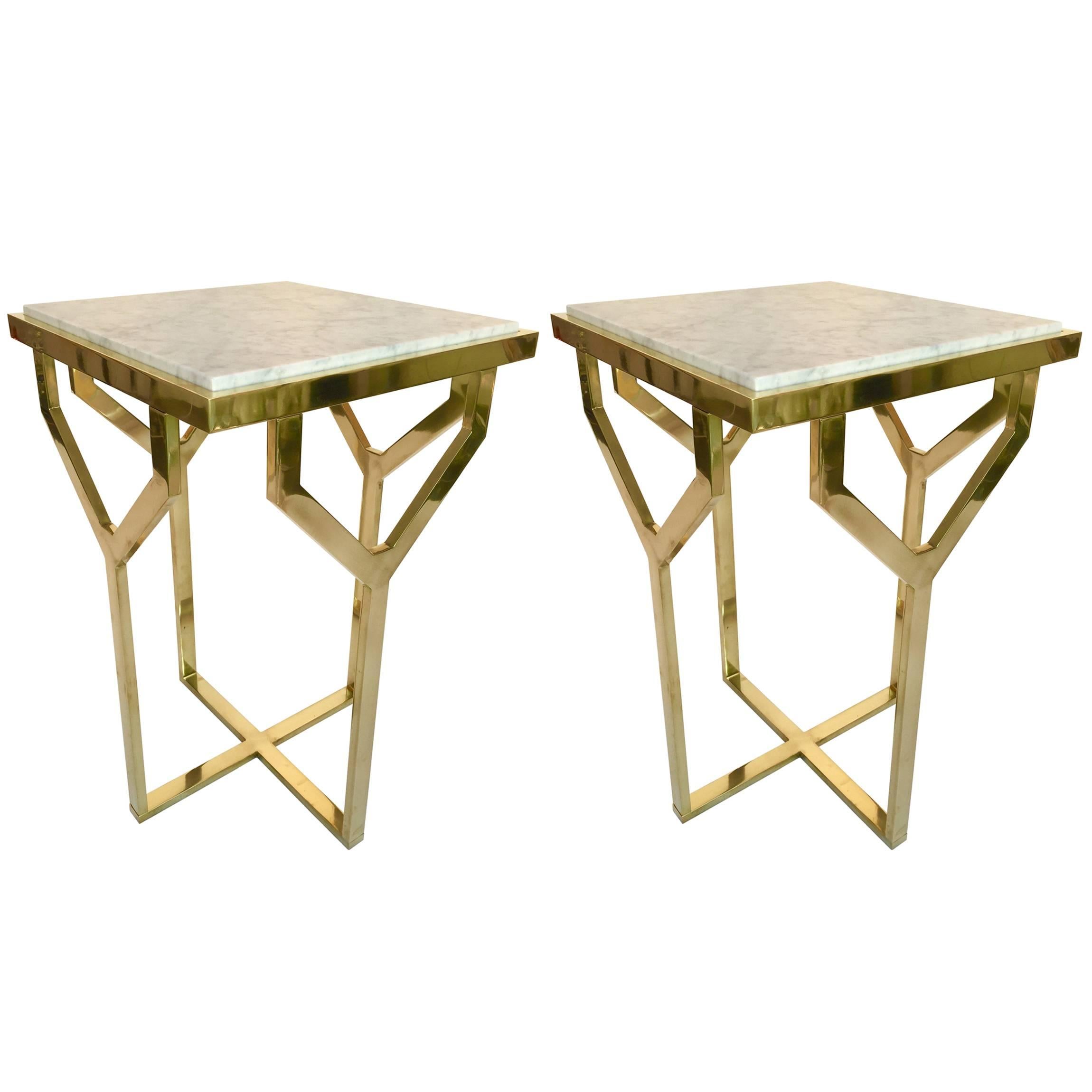 Contemporary Pair of Side Table Y Brass and Marble, Italy