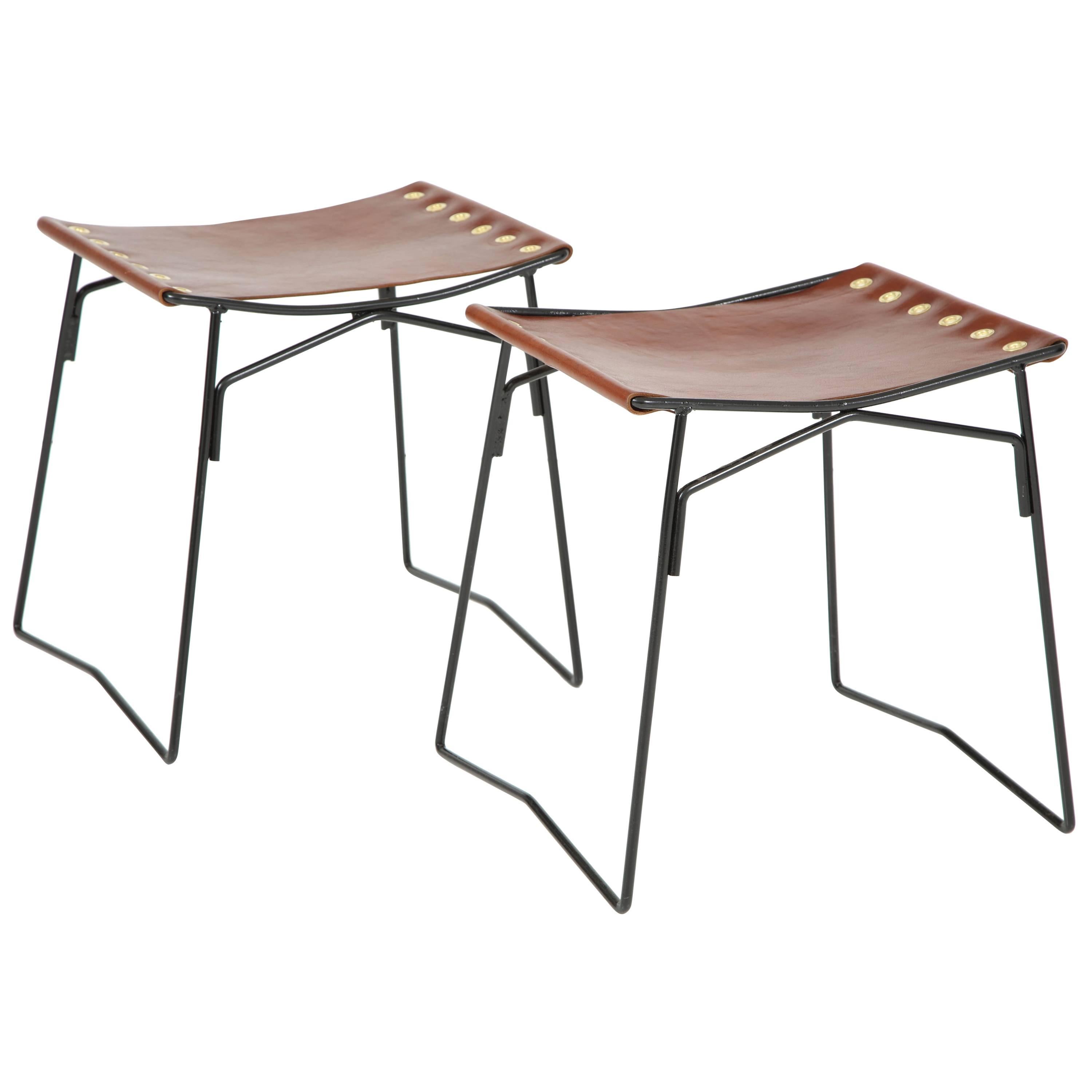 Pair of Leather Stools with Riveted Slings For Sale