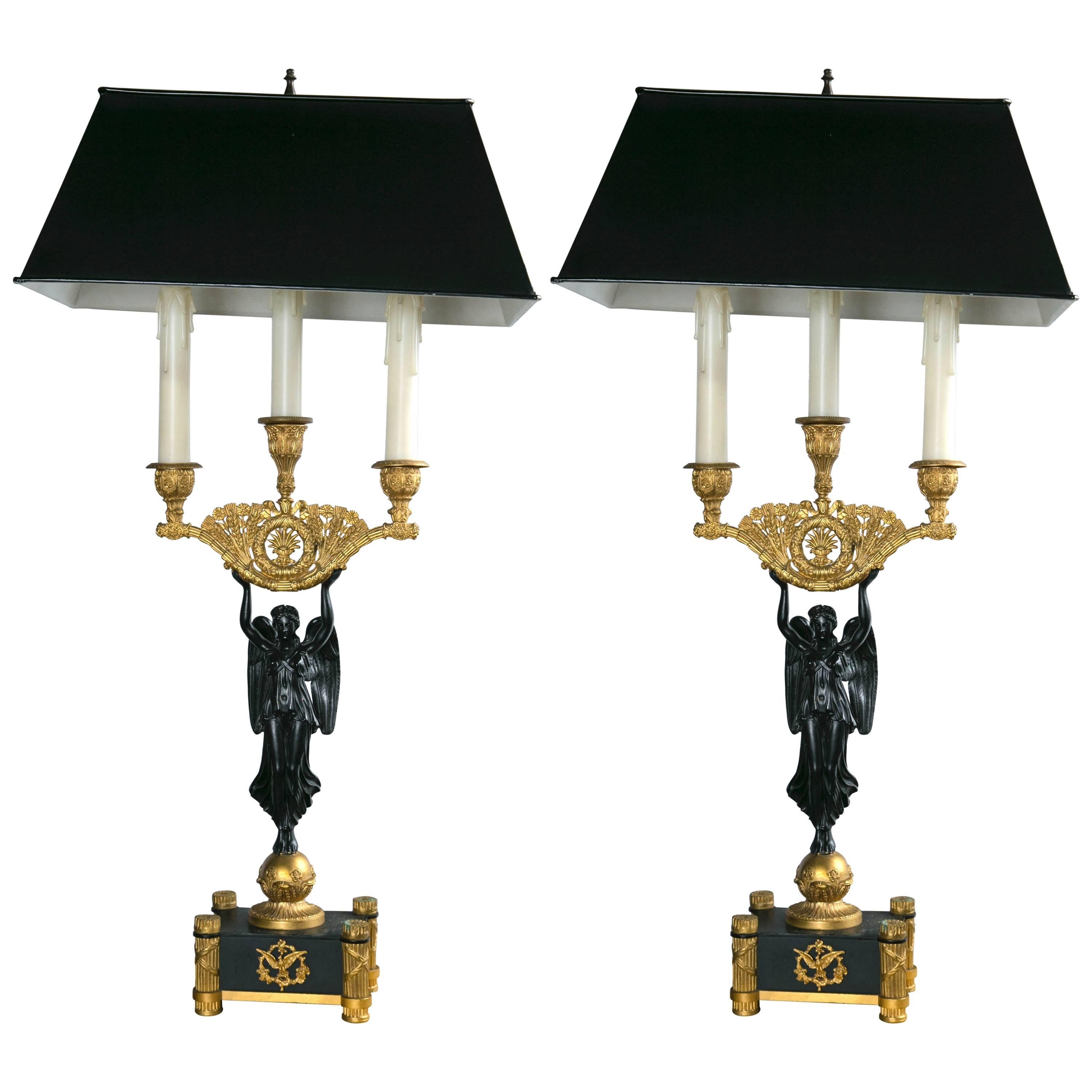 Pair of Empire Style Patinated and Gilt Bronze Lamps For Sale