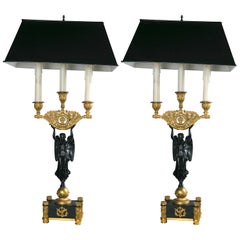 Antique Pair of Empire Style Patinated and Gilt Bronze Lamps