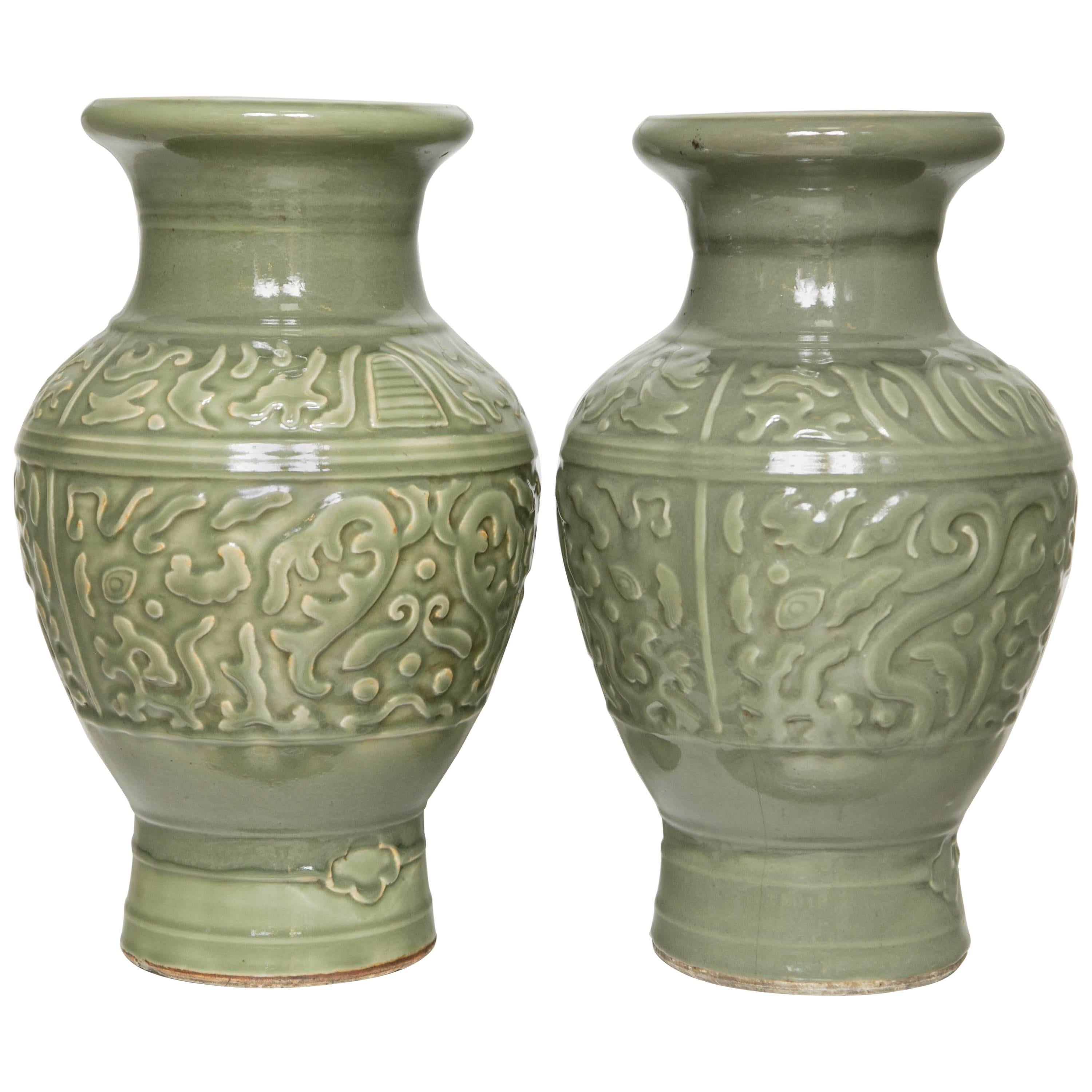 Pair of Chinese Celedon Vases For Sale
