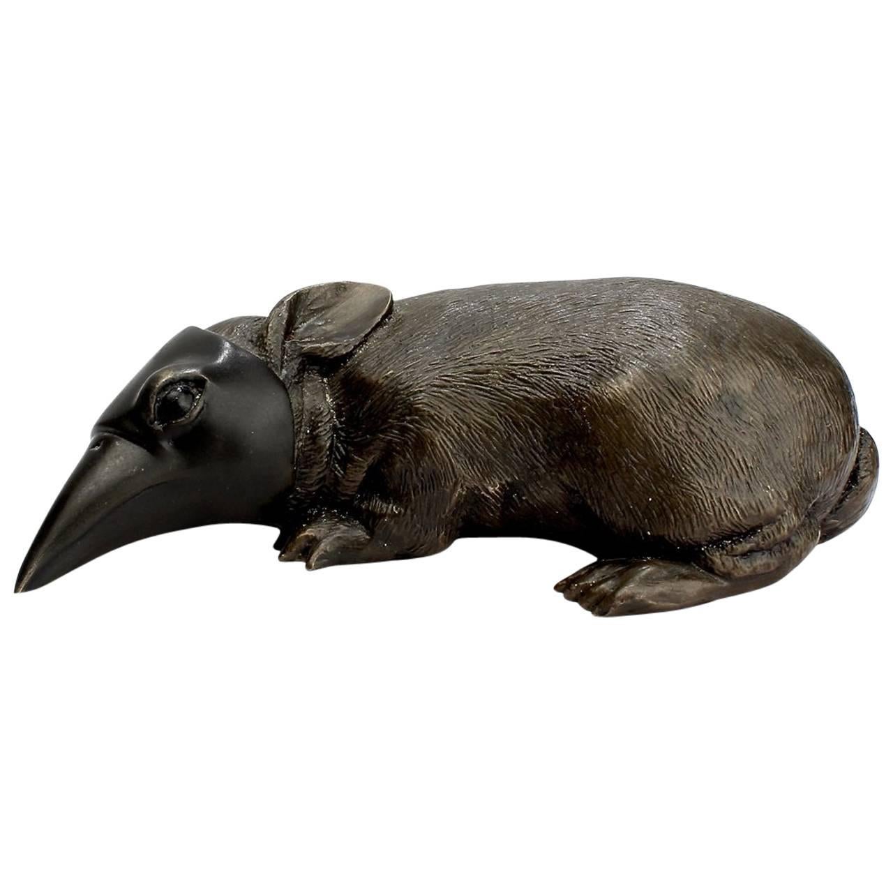 Darla Jackson Baby Bunny with Crow's Mask Bronze Sculpture, 2015 For Sale