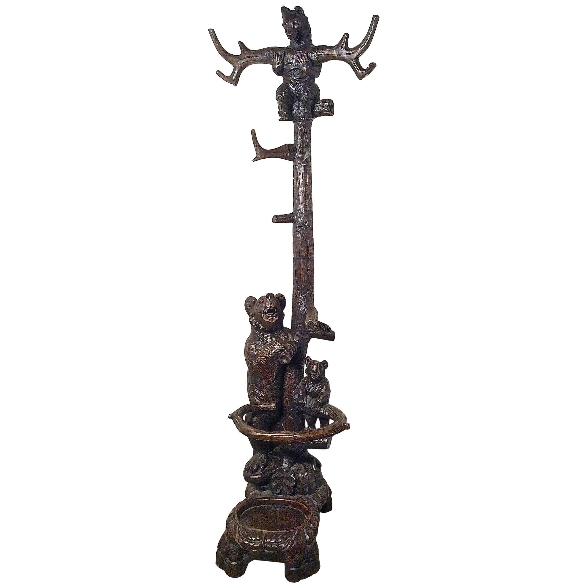  19th Century Black Forest Carved Bear Hall Stand, Three Bears Coat Stand For Sale