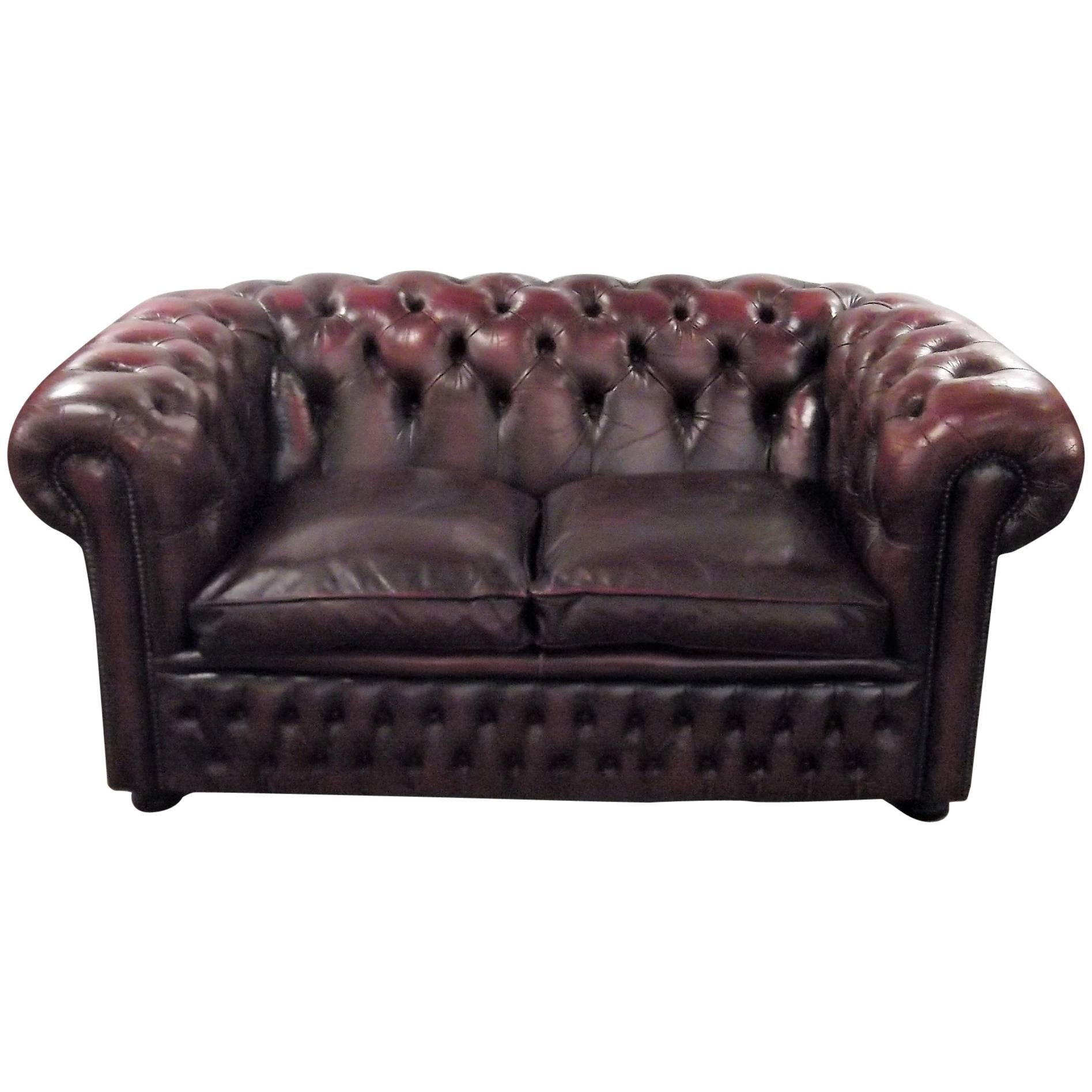 English Cordovan Leather Chesterfield Loveseat