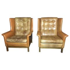 Pair of Arne Norell Buffalo Leather High Back Lounge Chairs, Sweden, 1960s