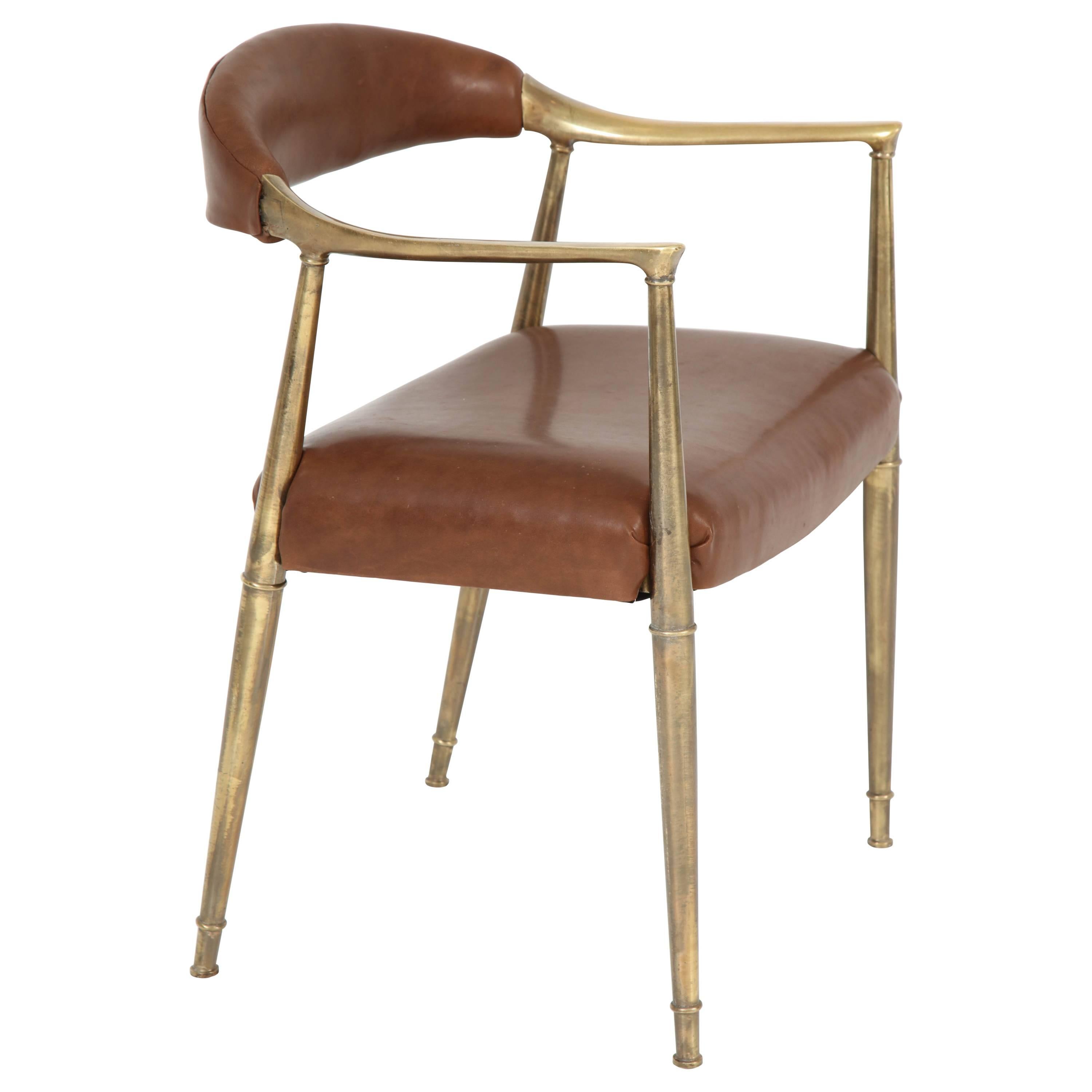 Italian Brass Armchair in Saddle Leather For Sale