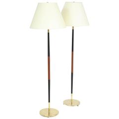 Pair of Danish Teak, Ebonized and Brass Floorlamps, circa 1960s