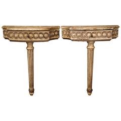 Pair of 19th Century Louis XVI Carved Painted and Silver Leaf Wall Consoles