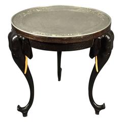 Aesthetic Movement Elephant Table, Bone Tusks, Tin Top, Early 1900s