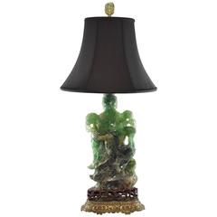 Carved Green Quartz Lamp with Statue of Quan Yin with Peacock
