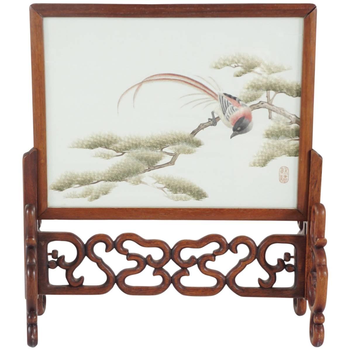 Chinese Silk Mesh and Needle Work Table Screen