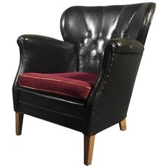 1930s Danish Black Tufted Leather Club Chair